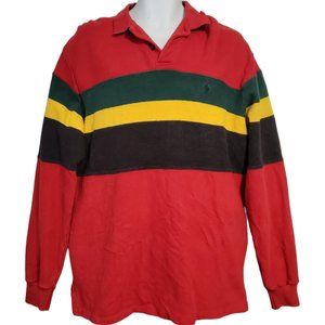 90s Vintage Polo Ralph Lauren Shirt Mens L Red Rugby Striped Collar Made in USA
